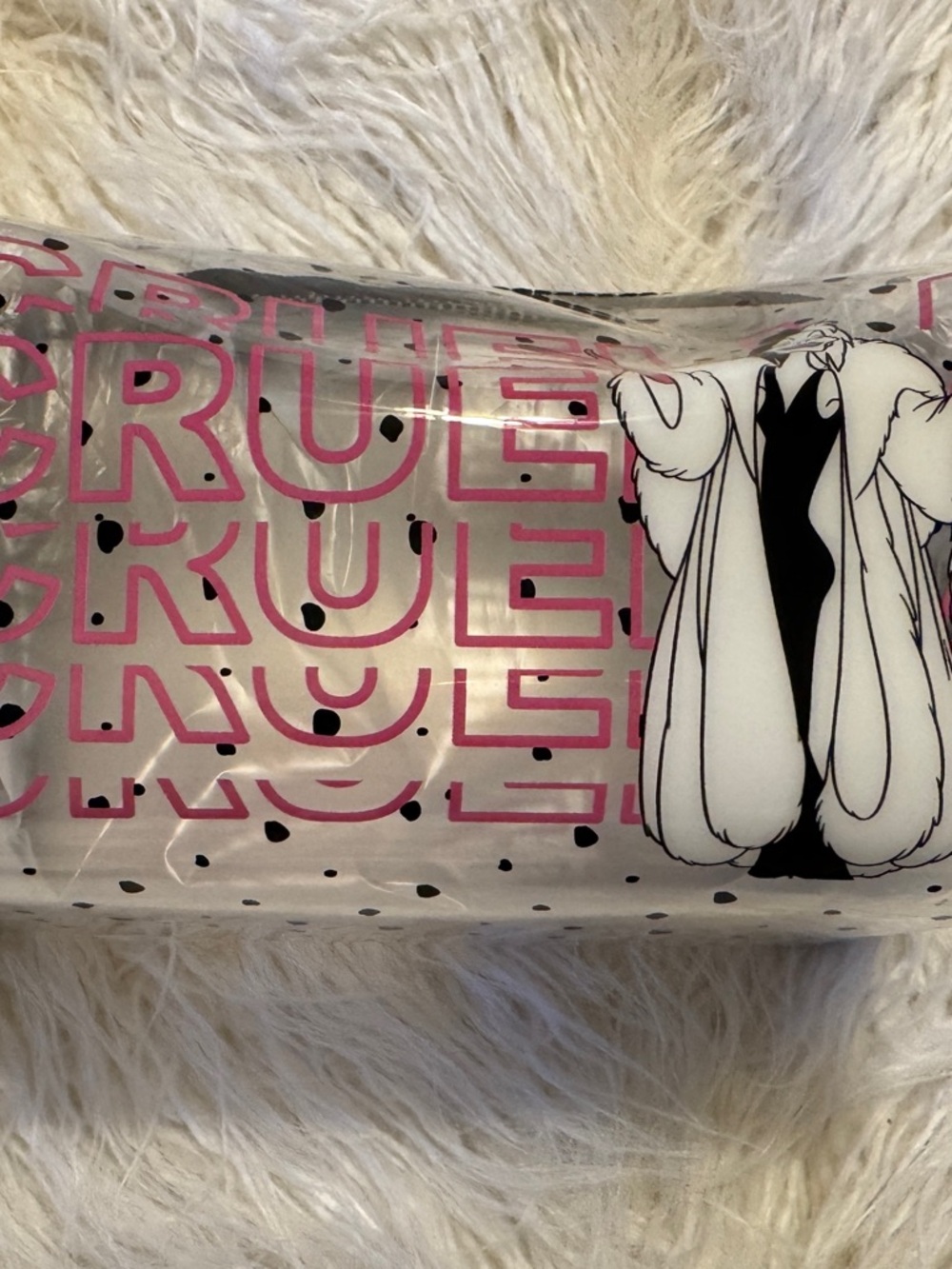 Disney Cruella Clear Cosmetic Bag with Pink Logo and Black Accents